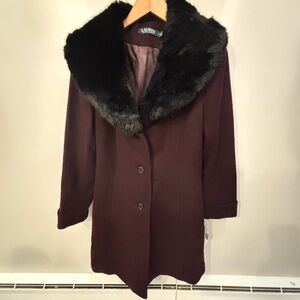Women's Ralph Lauren Burgundy/Wine Coat with Faux Fur Collar
